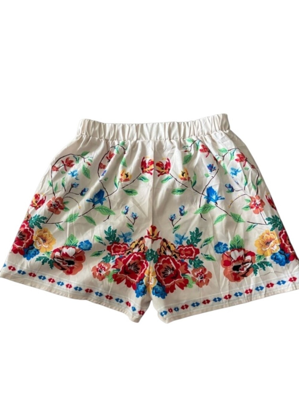 White Floral Embroidered Shorts with Multicolor Flowers